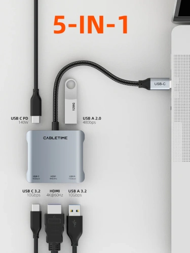 USB-концентратор CABLETIME CB75G (CT-CM1H4K-AG) 5-в-1 USB-C HUB, 10 Гбит/с, HDMI 4K@60Hz, 140W - Gray фото 2 USB-концентратор CABLETIME CB75G (CT-CM1H4K-AG) 5-в-1 USB-C HUB, 10 Гбит/с, HDMI 4K@60Hz, 140W - Gray фото 2