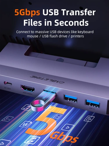 Док-станция CABLETIME CB05G (CT-SDK7-AG) 6 в 1 USB C Dock 4K @ 60 Гц HDMI, 5 Гбит/с, 100 Вт, Ethernet 1000 Мбит/с, алюминиевая конструкция фото 3