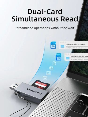 Кардридер CABLETIME CD40G (CT-ACSD3-AG) - USB 3.0, Type-C, адаптер SD/microSD, серый фото 4