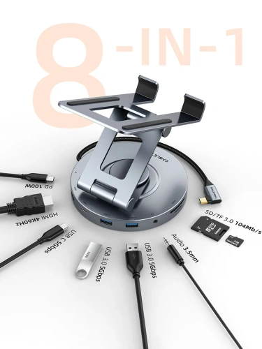 Док-станция для телефона/планшета USB CABLETIME CB02G (CT-HUBC8-AG) 8-в-1, алюминиевый USB-хаб с 360° подставкой для iPad Pro и ноутбука фото 8