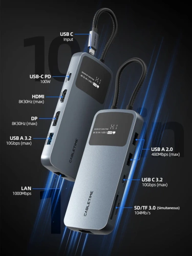 USB-концентратор CABLETIME CB80G (CT-HUBD1-AG) 10-в-1 USB-C HUB, 8K,  USB-C (Support Windows MST) SCREEN - Gray фото 12