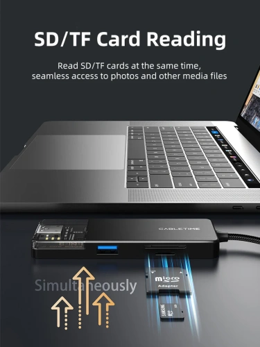 Док-станция CABLETIME CB04B (CT-HUBT4-PB) 6-в-1 MultiPort Hub, 4K HDMI, 100W Power Delivery, USB-хаб для ноутбука и ПК фото 4