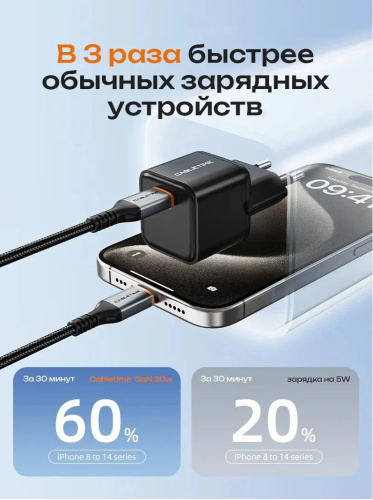 Зарядное устройство CABLETIME GA20B (CT-GAN20-PB) GaN PD3.0 20 Вт, черный фото 4