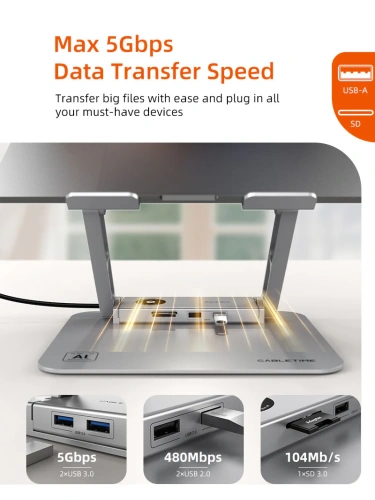 Подставка CABLETIME CS52S (CT-LS08H-AS)  с док-станцией для ноутбука 8-в-1 с экраном 14–17,3 дюйма Space Grey фото 5