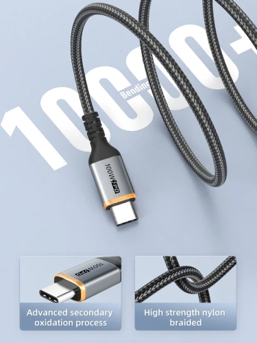 Кабель USB-C CABLETIME CU03H (CT-CM100-AG1) USB2.0 из алюминия, черный, нейлоновый, 100 Вт/5 А фото 3