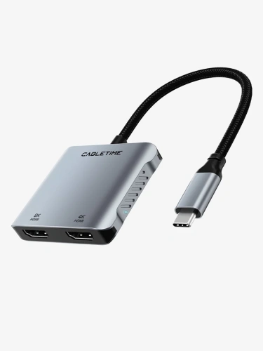 USB-концентратор CABLETIME CB70G (CT-CM2H8K-AG) 4-в-1 USB-C HUB, 8K, Dual 4K HDMI адаптер - Gray