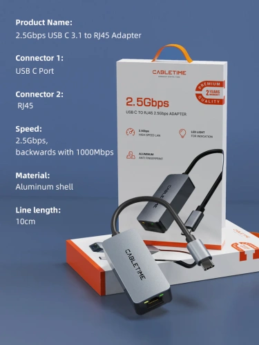 USB-Хаб CABLETIME CB57G (CT-CML2500-AG) – USB 3.0 Type-C, 2.5G RJ45 для ноутбуков фото 8