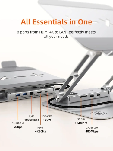 Подставка CABLETIME CS52S (CT-LS08H-AS)  с док-станцией для ноутбука 8-в-1 с экраном 14–17,3 дюйма Space Grey фото 11