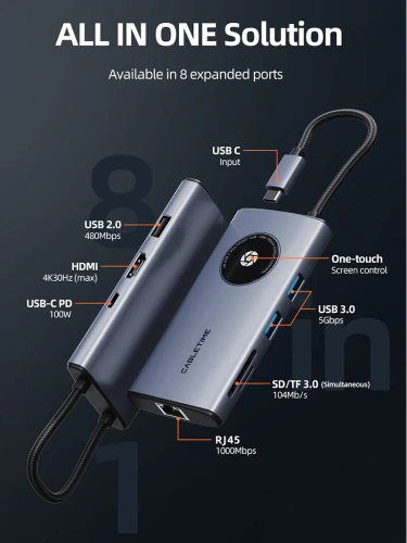 USB-Хаб (концентратор) CABLETIME CB92G (CT-HUBL3-AG) 8-в-1 USB-C HUB, HDMI, Ethernet для MacBook Pro - Gray фото 8