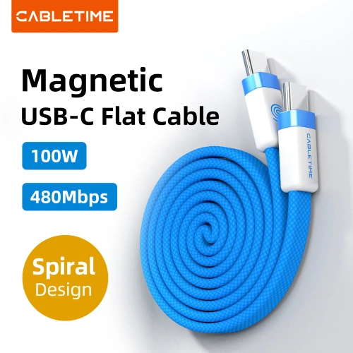 Магнитный плоский кабель CABLETIME CU16H (CT-CM100M-ABW1) 1м USB-C PD100W синий плетеный фото 4