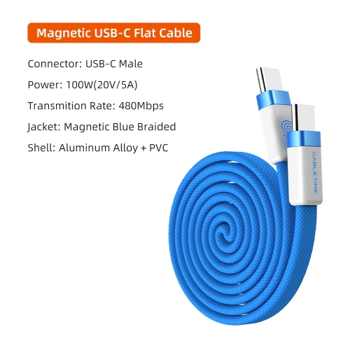 Магнитный плоский кабель CABLETIME CU16H (CT-CM100M-ABW1) 1м USB-C PD100W синий плетеный фото 11
