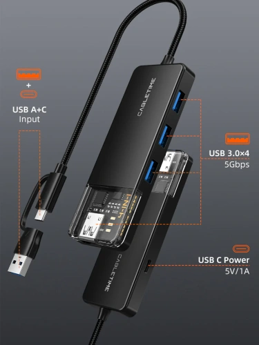Концентратор CABLETIME CB03B (CT-HUBT3-PB) 4 порта, 5Gbps, 0.15 м, с адаптером USB-C, USB-хаб для ноутбука и ПК фото 2 Концентратор CABLETIME CB03B (CT-HUBT3-PB) 4 порта, 5Gbps, 0.15 м, с адаптером USB-C, USB-хаб для ноутбука и ПК фото 2