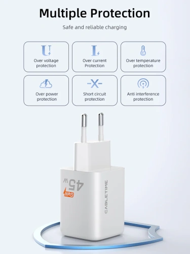 Зарядное устройство CABLETIME GA45W (CT-GAN45-PW) GaN PD3.0 45 Вт A+C, белый фото 12