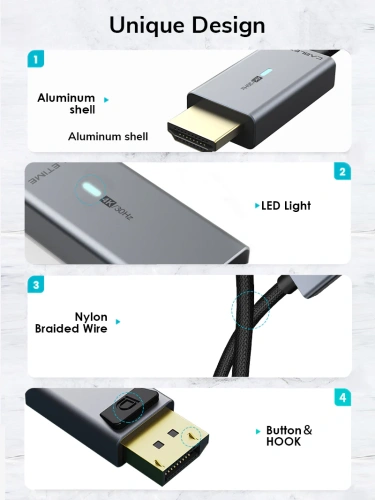 Кабель CABLETIME CD31K (CT-AV585-P02G4K-SG1.8) DisplayPort - HDMI, Ultra HD 4K/30 Гц (3840*2160p), ПВХ нейлоновый, со светодиодом фото 6 Кабель CABLETIME CD31K (CT-AV585-P02G4K-SG1.8) DisplayPort - HDMI, Ultra HD 4K/30 Гц (3840*2160p), ПВХ нейлоновый, со светодиодом фото 6