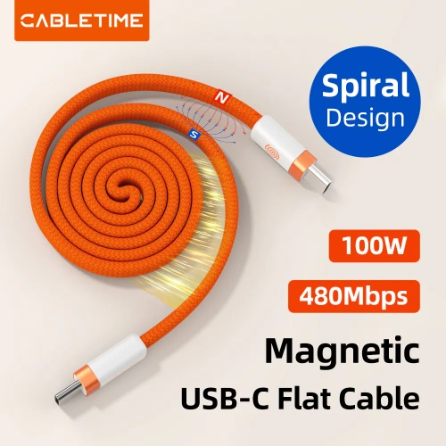 Магнитный плоский кабель CABLETIME CU15H (CT-CM100M-AOW1) 1 м USB-C PD100W оранжевый плетеный фото 7