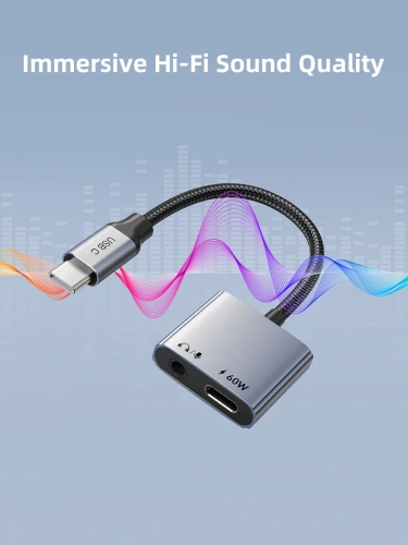 Адаптер CABLETIME CPA1G (CT-CMAC-AG) USB C на 3,5 мм аудио+USB C PD 60 Вт фото 4