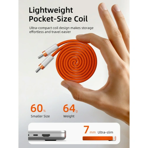 Магнитный плоский кабель CABLETIME CU15H (CT-CM100M-AOW1) 1 м USB-C PD100W оранжевый плетеный фото 14