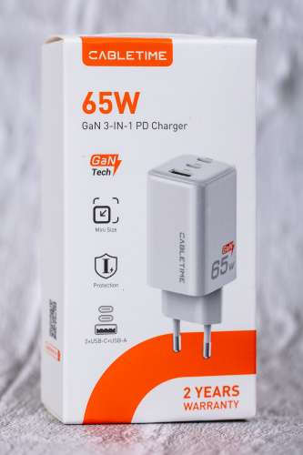 Зарядное устройство CABLETIME GA65W (CT-GAN65A-PW) GaN PD3.0 2C1A 65 Вт, белый фото 8