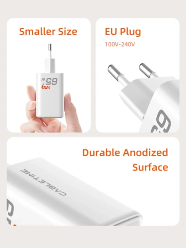 Зарядное устройство CABLETIME GA65W (CT-GAN65-PW) GaN PD3.0 2C1A 65 Вт, белый фото 14