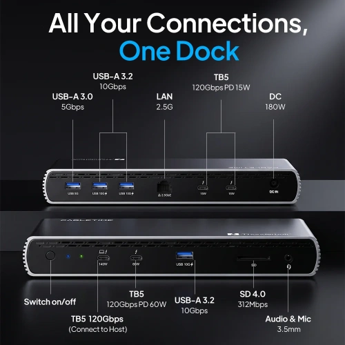 Док-станция CABLETIME TB51G (CT-TB511-AG) 11-в-1 Thunderbolt 5 - Space Grey фото 3 Док-станция CABLETIME TB51G (CT-TB511-AG) 11-в-1 Thunderbolt 5 - Space Grey фото 3