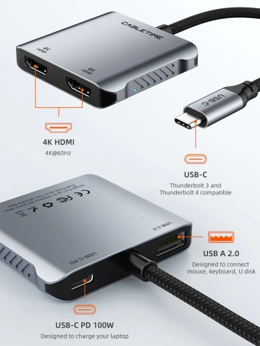 USB-концентратор CABLETIME CB73G (CT-CM2H4K-AG) 4-в-1 USB-C HUB, 4K@60Hz, MST, Dual HDMI адаптер - Gray фото 2