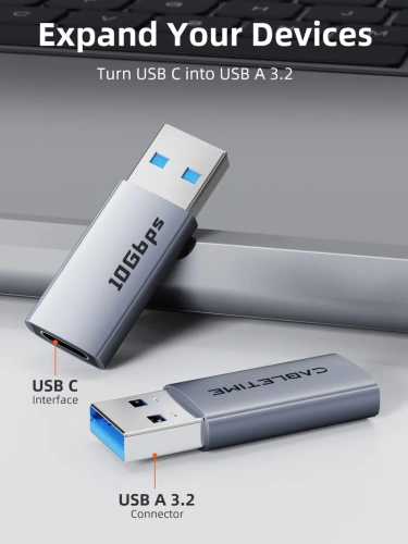 Адаптер CABLETIME CP80G (CT-AMCF10-AG) 10 Гбит/с USB3.2 A Male to USB -C Female OTG алюминий фото 2 Адаптер CABLETIME CP80G (CT-AMCF10-AG) 10 Гбит/с USB3.2 A Male to USB -C Female OTG алюминий фото 2