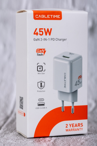 Зарядное устройство CABLETIME GA45W (CT-GAN45-PW) GaN PD3.0 45 Вт A+C, белый фото 7