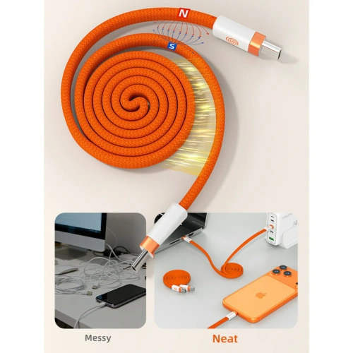 Магнитный плоский кабель CABLETIME CU15H (CT-CM100M-AOW1) 1 м USB-C PD100W оранжевый плетеный фото 16