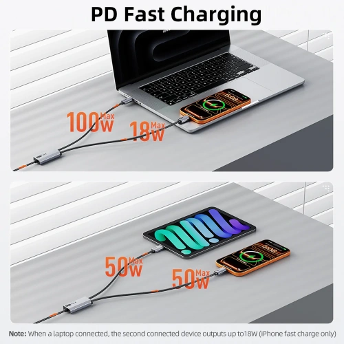 Кабель CABLETIME CU14J (CT-2CM140-AG) 1.5м USB-C на два USB-C 140 Вт черный плетеный фото 4