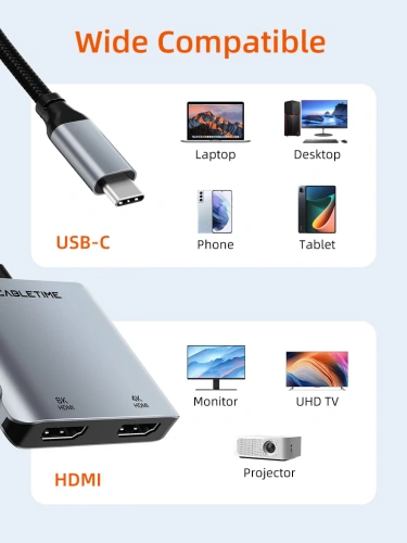 USB-концентратор CABLETIME CB70G (CT-CM2H8K-AG) 4-в-1 USB-C HUB, 8K, Dual 4K HDMI адаптер - Gray фото 7