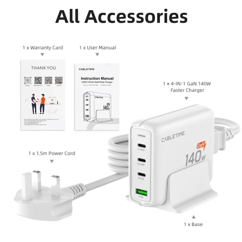 Зарядное устройство CABLETIME G14WE (CT-GAN140-PWE) GaN II PD3.1 3C1A 140 Вт, ЕС/США, белый фото 10