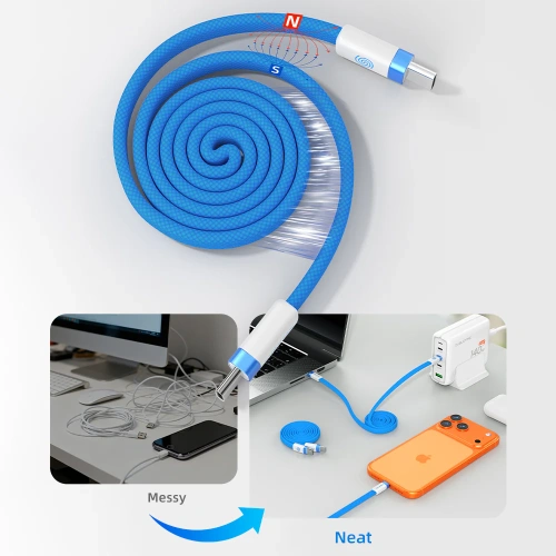 Магнитный плоский кабель CABLETIME CU16H (CT-CM100M-ABW1) 1м USB-C PD100W синий плетеный фото 6