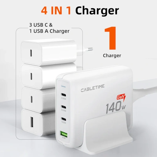 Зарядное устройство CABLETIME G14WE (CT-GAN140-PWE) GaN II PD3.1 3C1A 140 Вт, ЕС/США, белый фото 2