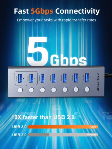 USB-Хаб CABLETIME CB47G (CT-HUBU7-AG) 7-в-1 USB-A на USB 3.0 фото 8