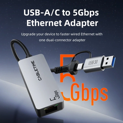 Адаптер CABLETIME CB58G CT-ACML5-AG USB A+C 3.0 — RJ45 5 Гбит/с - Space Grey фото 2