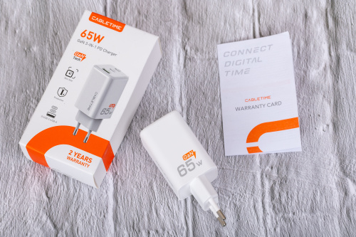 Зарядное устройство CABLETIME GA65W (CT-GAN65-PW) GaN PD3.0 2C1A 65 Вт, белый фото 6