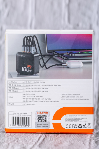 Зарядное устройство CABLETIME G100B (CT-GAN100-PB) GaN PD3.0 3C1A 100 Вт, черный фото 8