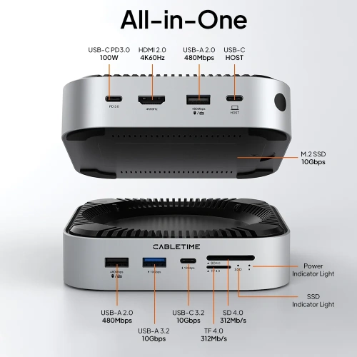 Док-станция CABLETIME CBM9G (CT-DKM9-AG) 9-в-1 Mac Mini M4 DOCK с NVME - Space Grey фото 2