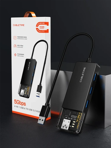 Концентратор  CABLETIME CB01B (CT-HUBT1-PB) 4 порта, 5Gbps, 0.15 м, с блоком питания, USB-хаб для ноутбука и ПК фото 9