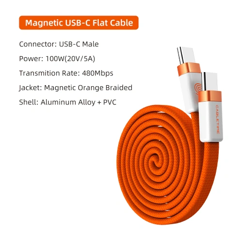 Магнитный плоский кабель CABLETIME CU15H (CT-CM100M-AOW1) 1 м USB-C PD100W оранжевый плетеный фото 9