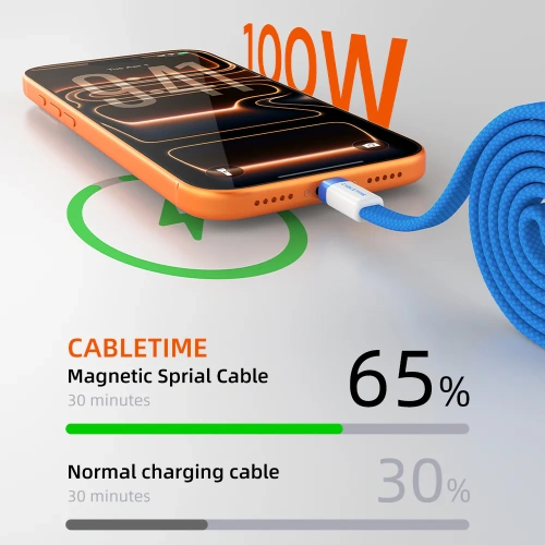 Магнитный плоский кабель CABLETIME CU16H (CT-CM100M-ABW1) 1м USB-C PD100W синий плетеный фото 8