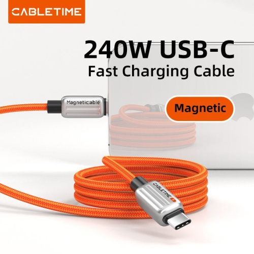 Магнитный кабель USB-C CABLETIME CU06L (CT-CM240-MZO2) оранжевый, быстрого заряда 2 м для iPhone 16 15 Pro Plus Max фото 7