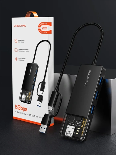 Концентратор CABLETIME CB03B (CT-HUBT3-PB) 4 порта, 5Gbps, 0.15 м, с адаптером USB-C, USB-хаб для ноутбука и ПК фото 11 Концентратор CABLETIME CB03B (CT-HUBT3-PB) 4 порта, 5Gbps, 0.15 м, с адаптером USB-C, USB-хаб для ноутбука и ПК фото 11