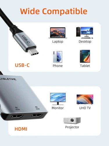 USB-концентратор CABLETIME CB73G (CT-CM2H4K-AG) 4-в-1 USB-C HUB, 4K@60Hz, MST, Dual HDMI адаптер - Gray фото 7