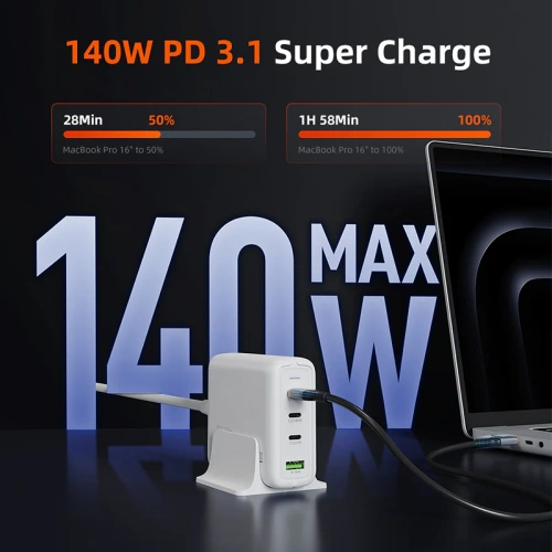 Зарядное устройство CABLETIME G14WE (CT-GAN140-PWE) GaN II PD3.1 3C1A 140 Вт, ЕС/США, белый фото 4