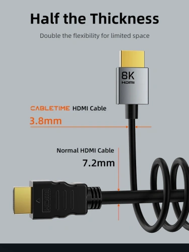 Кабель CABLETIME CH14L (CT-SHD8K-AG2) 8K SLIM HDMI 2.1, позолоченный, 8K/60 Гц, черный фото 2