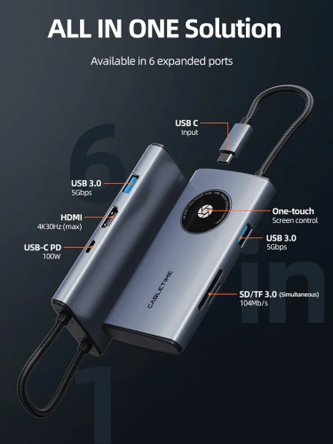 USB-Хаб (концентратор) CABLETIME CB93G (CT-HUBL4-AG) 6-в-1 USB-C Multiport Travel Hub для iPad, Android-планшета, iMac - Gray фото 7 USB-Хаб (концентратор) CABLETIME CB93G (CT-HUBL4-AG) 6-в-1 USB-C Multiport Travel Hub для iPad, Android-планшета, iMac - Gray фото 7