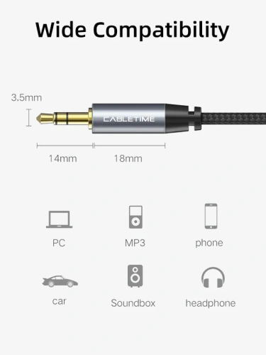 Аудиокабель CABLETIME CF10H (CT-AV311-P11GN-SG1) AUX стерео 3,5 мм (1/8") медный, черный ПВХ нейлоновый фото 6 Аудиокабель CABLETIME CF10H (CT-AV311-P11GN-SG1) AUX стерео 3,5 мм (1/8") медный, черный ПВХ нейлоновый фото 6