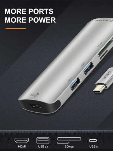 USB-C концентратор  CABLETIME (CT-C160-PU32) 6-в-1 с HDMI и USB 3.0 фото 2