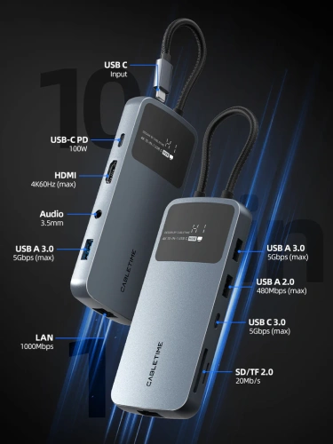 USB-концентратор CABLETIME CB81G (CT-HUBD2-AG) 10-в-1 USB-C HUB, 4K@60Hz, серия экранов - Gray фото 9 USB-концентратор CABLETIME CB81G (CT-HUBD2-AG) 10-в-1 USB-C HUB, 4K@60Hz, серия экранов - Gray фото 9
